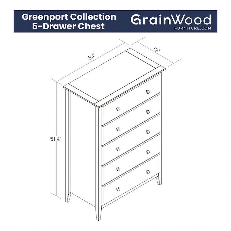 Coastal Solid Pine 5-Drawer Chest – Eco-Friendly, Smooth Metal Glides