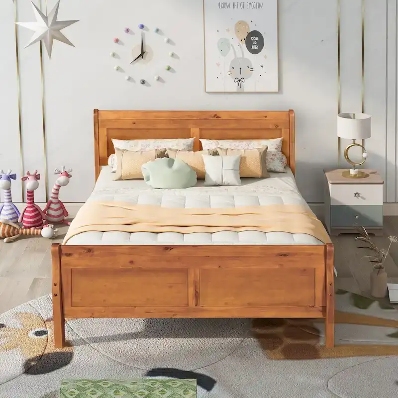 Full Size Wood Platform Bed with Headboard & Footboard – Oak / Espresso / White, 2-Person
