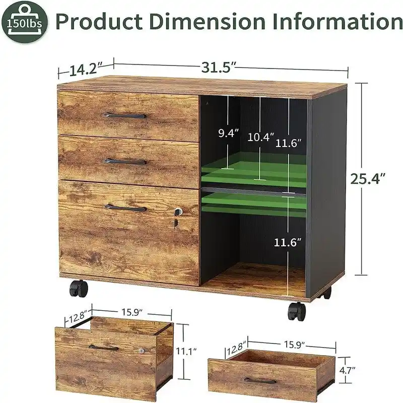 3-Drawer Mobile File Cabinet - 14.2 D x 31.5 W x 25.4 H