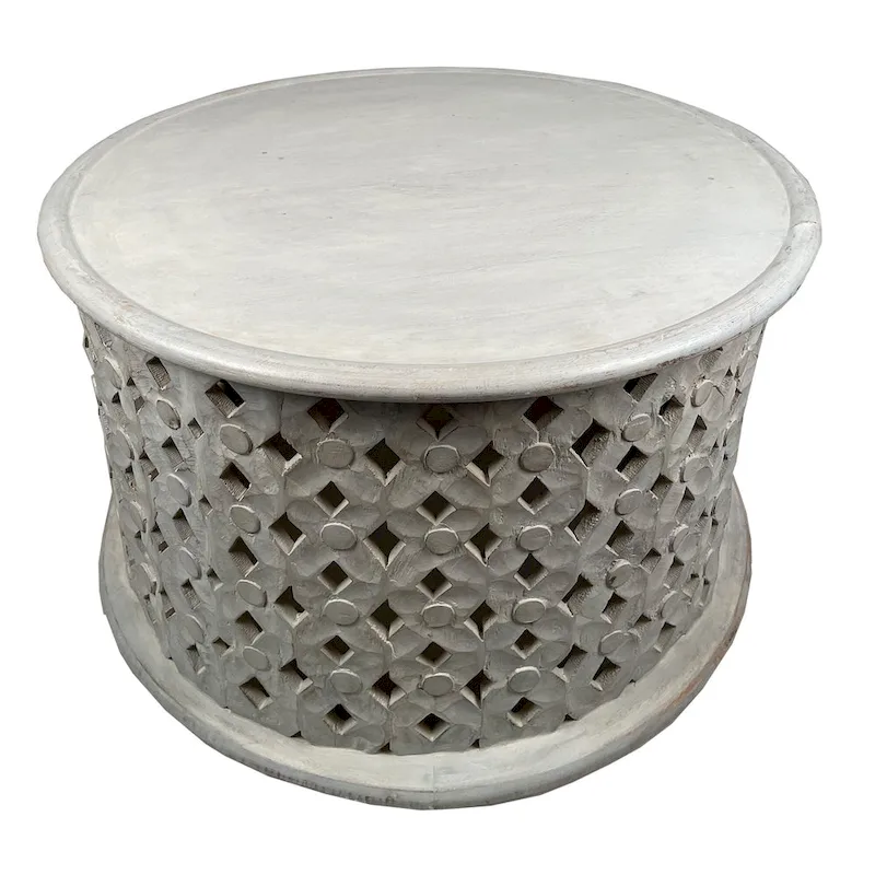Cato 28 Inch Artisanal Round Mango Wood Coffee Table, Intricate Diamond Lattice Cut Out Frame, Washed White