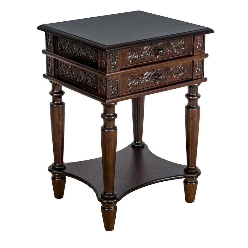 Brown Birchwood End Table with Carved Detail, 2 Drawers & Open Bottom Shelf – Traditional Style