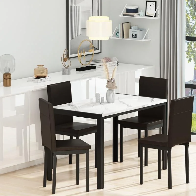 Modern Faux Marble 5 Pieces Kitchen Dining Set with 4 Cushion PU Leather Chairs