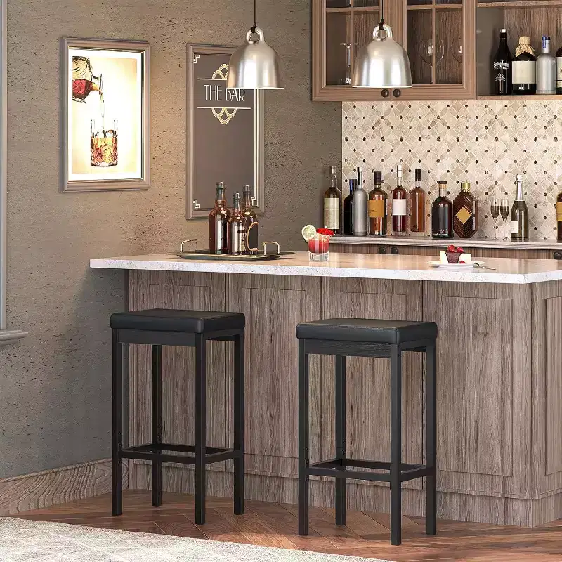 ACOINEL Bar Stools Set of 2, 24.8-Inch Breakfast Bar Chairs, Kitchen Stools with 2 Thick PU Upholstery, Black Bar Counter Stools