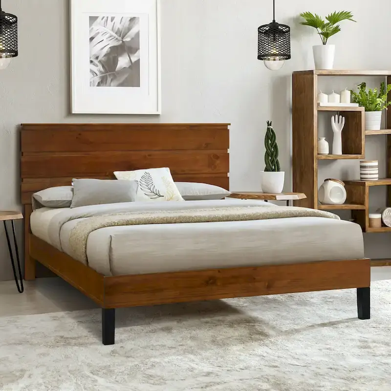 Mid-Century Modern Solid Wood Bed Frame Platform Bed with 3-Piece Headboard Design