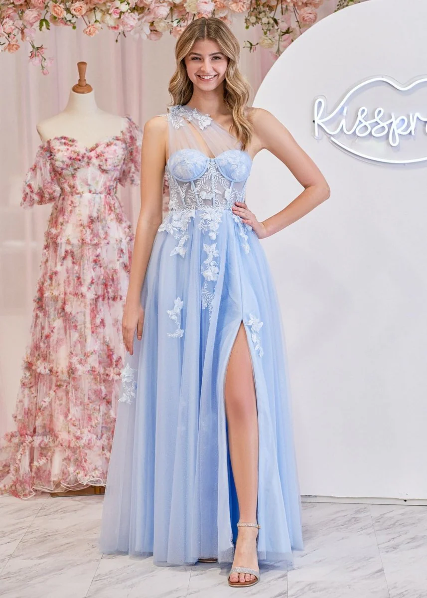 A Line One Shoulder Black Long Prom Dress with Appliques