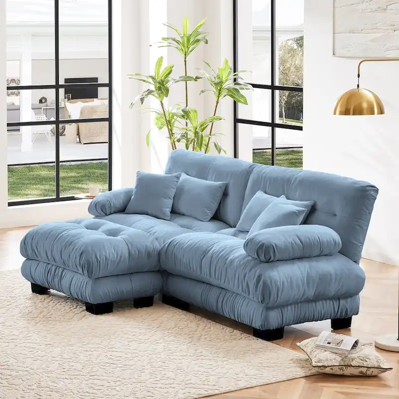 L Shaped Loveseat Sofa Chenille Sectional Couch with Lumbar Pillows