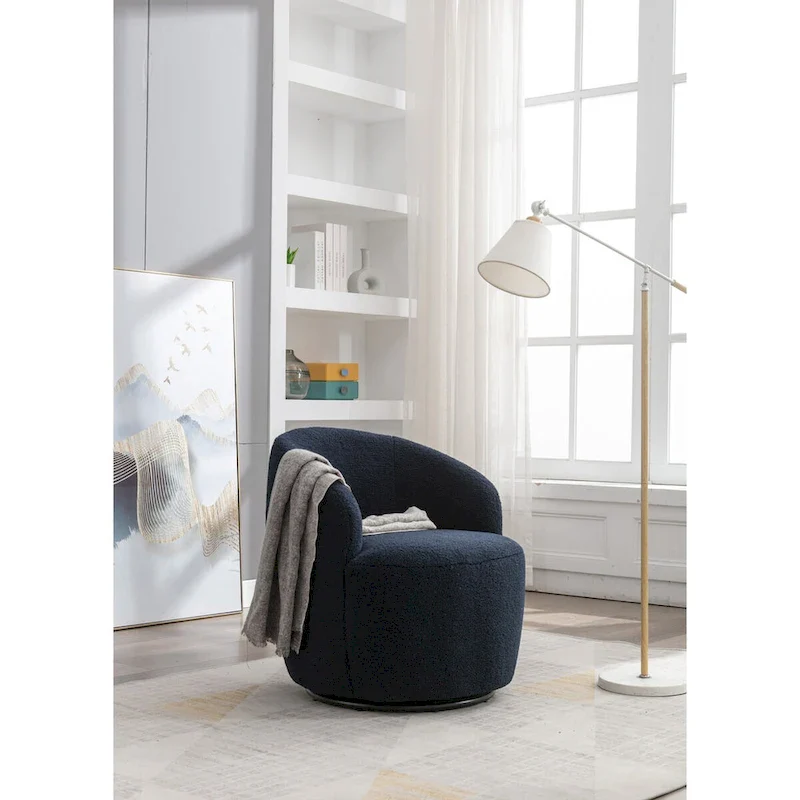 Blue Teddy Fabric Swivel Barrel Chair