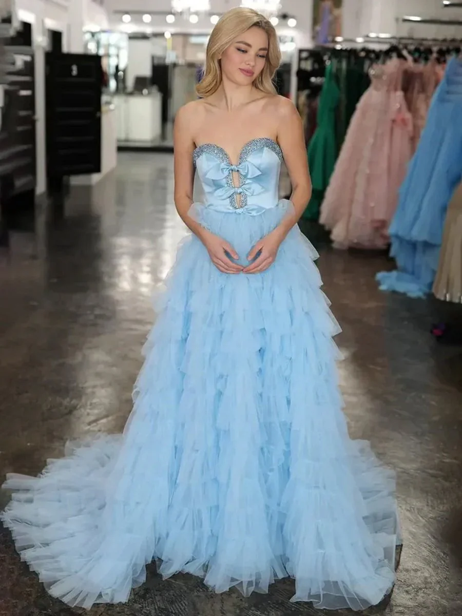 Black Strapless Bow Ruffle Long Prom Dress with Slit