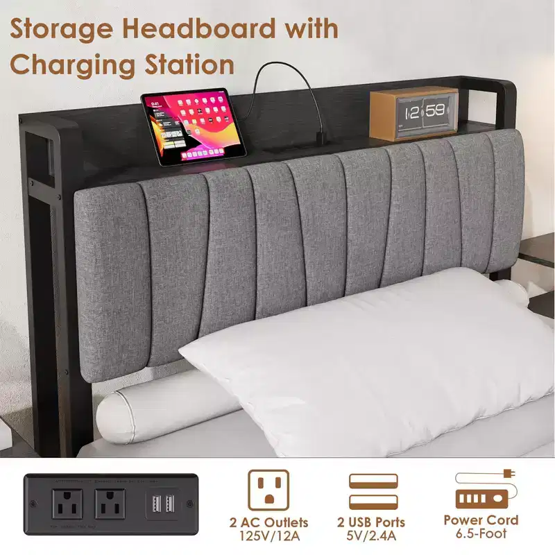 Twin Size Bed Frame with Storage Headboard, Black Industrial Platform Bed with Large Drawer & Charging Station, No Box Spring Needed