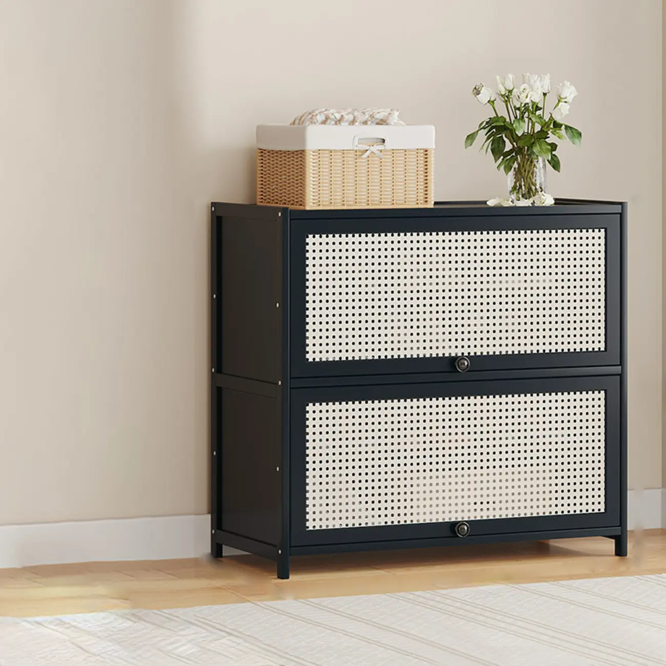 Modern Black Bamboo Shoe Cabinet with Rattan Panels