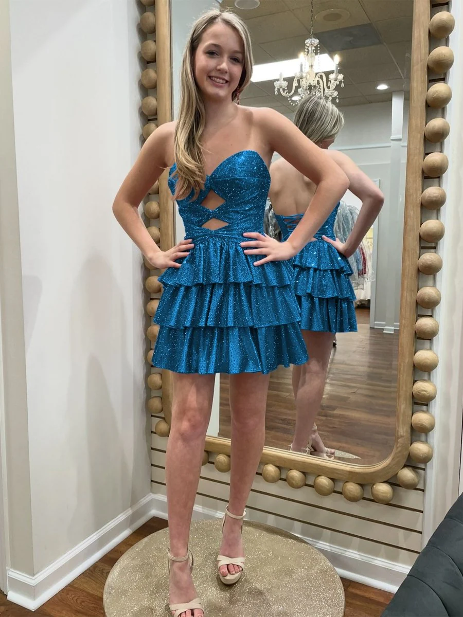 Peacock - A Line Sweetheart Satin Cut Out Ruffled Homecoming & Cocktail Dresses with Beads