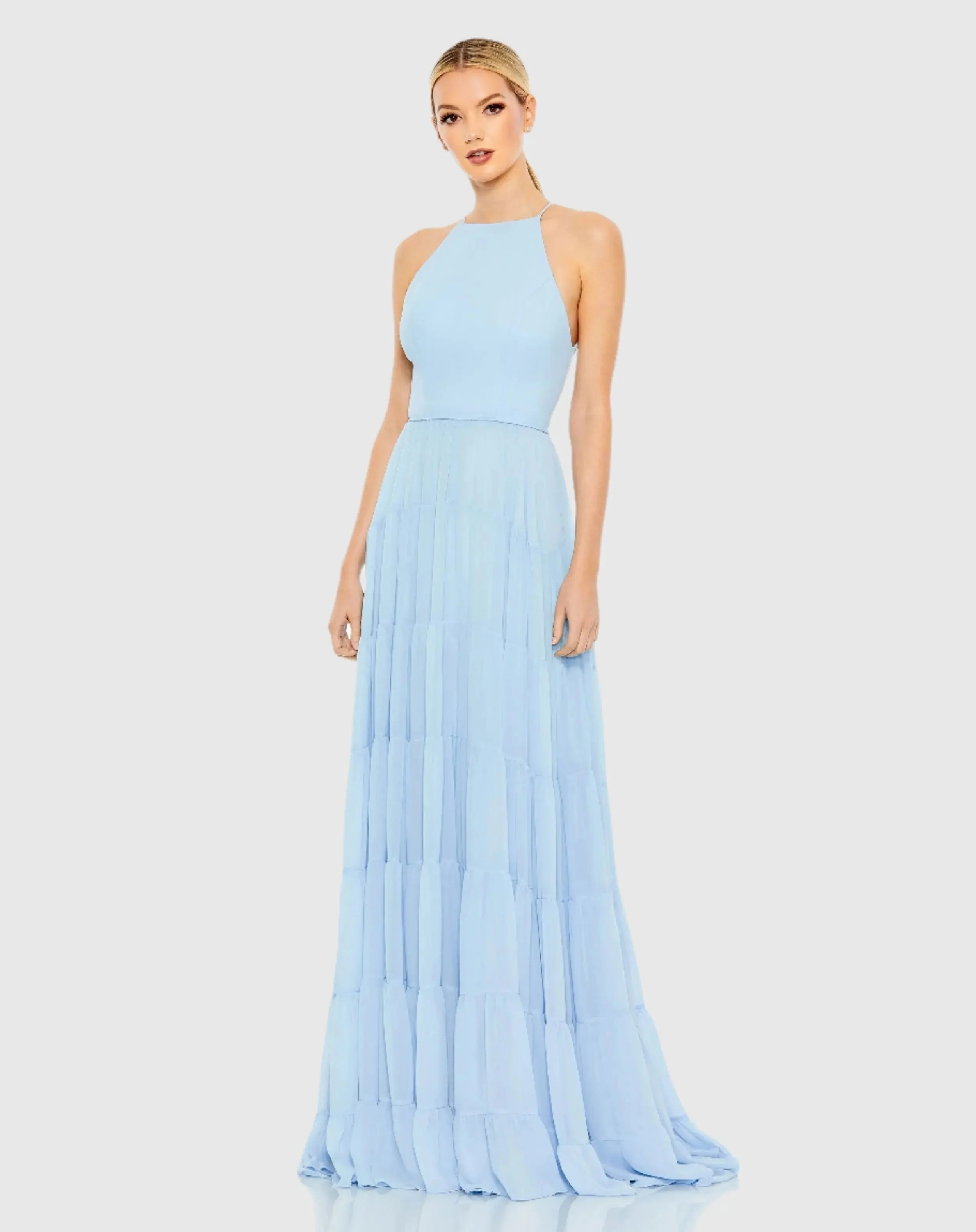 Blue Ruffle Tiered A Line Gown