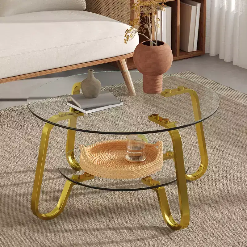 Fun little toys brand Retro minimalist style metal frame double-layer tempered glass coffee table, size 31.5 * 31.5 * 17.7 inches