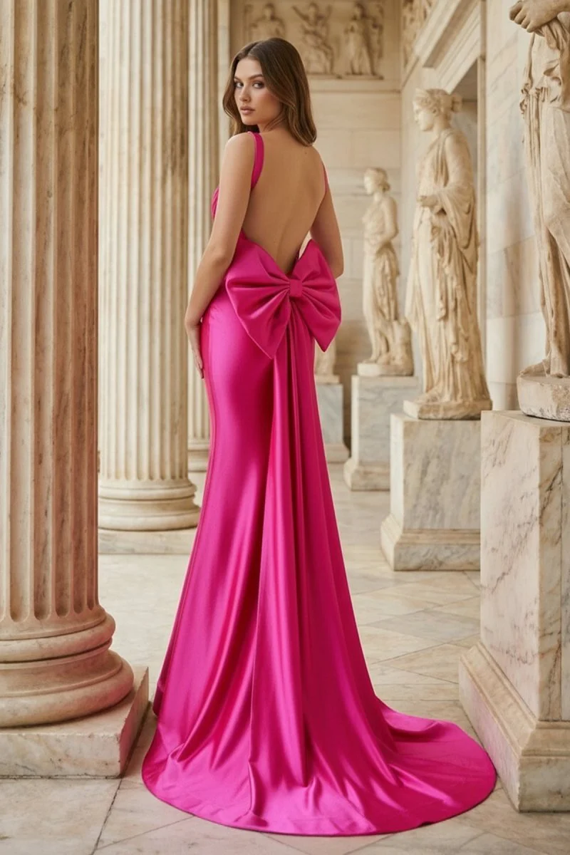 Fuchsia Straps Satin Mermaid Formal Gown with Bow