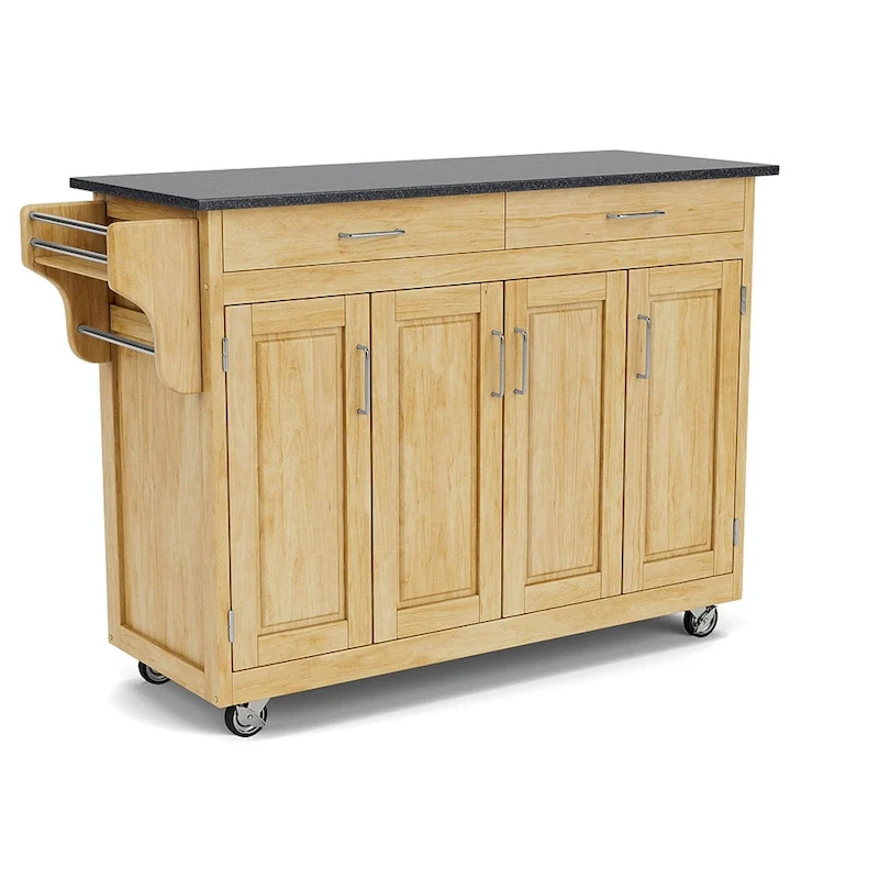 Puff Island Natural Finish Black Granite Top Kitchen Cart