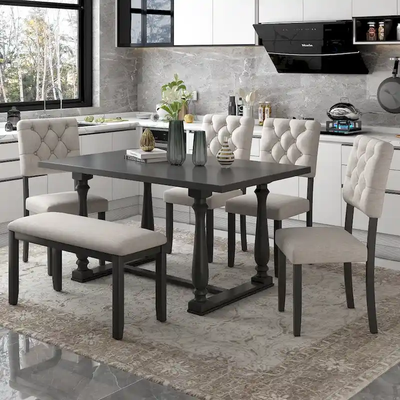 Nestfair 6-Piece Dining Table Set with 4 Chairs and 1 Bench