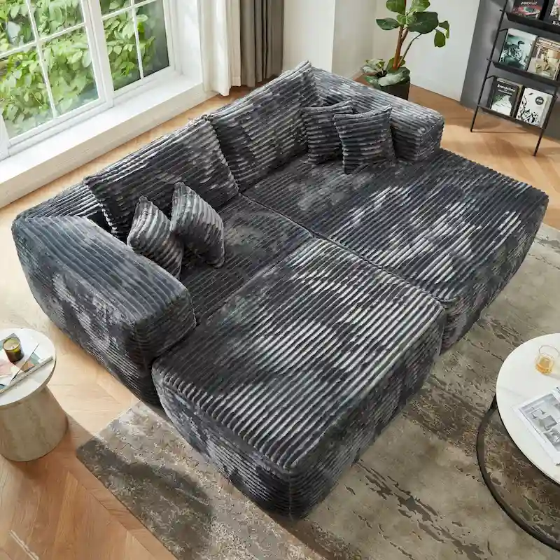 L-Shaped Plush Sectional Sofa with Removable Ottoman, Grey / Black / Beige, 3-Seat