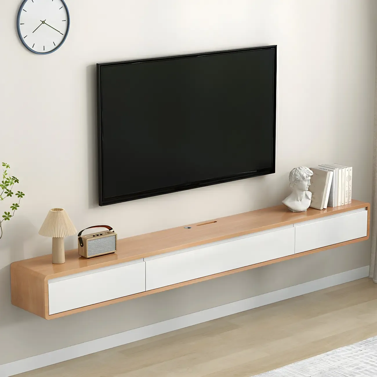 Long Rectangle Wooden Wall-Mounted TV Stand with Storage