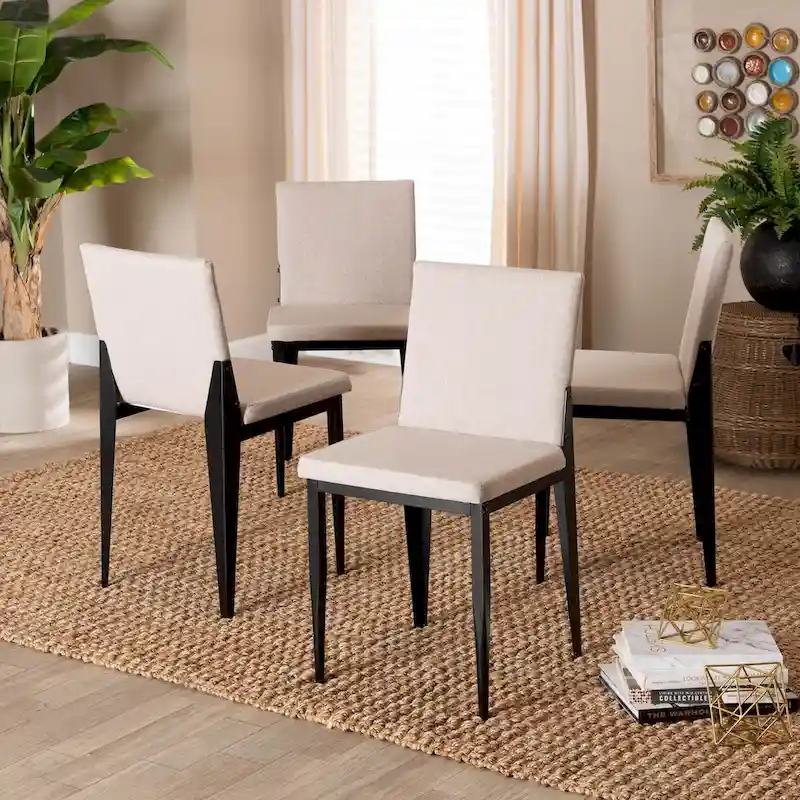 Industrial Dining Chairs Set of 4 - Metal Frame Fabric Upholstered - Beige/Grey Black - Modern Square Backrest Padded Seats