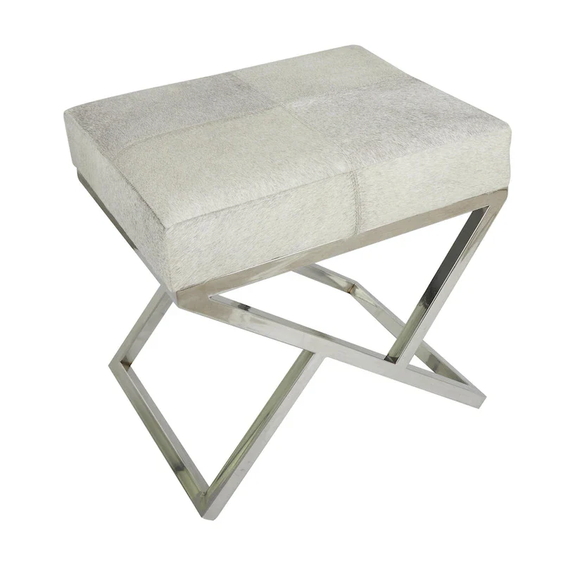 Leather Geometric Home Bench with Angled Silver Metal Base - Light Grey