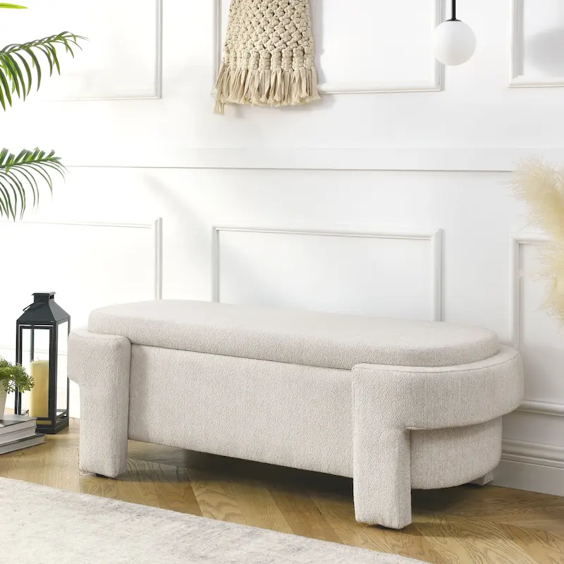 Beige/White Linen Storage Bench – 2-Seat, No Assembly
