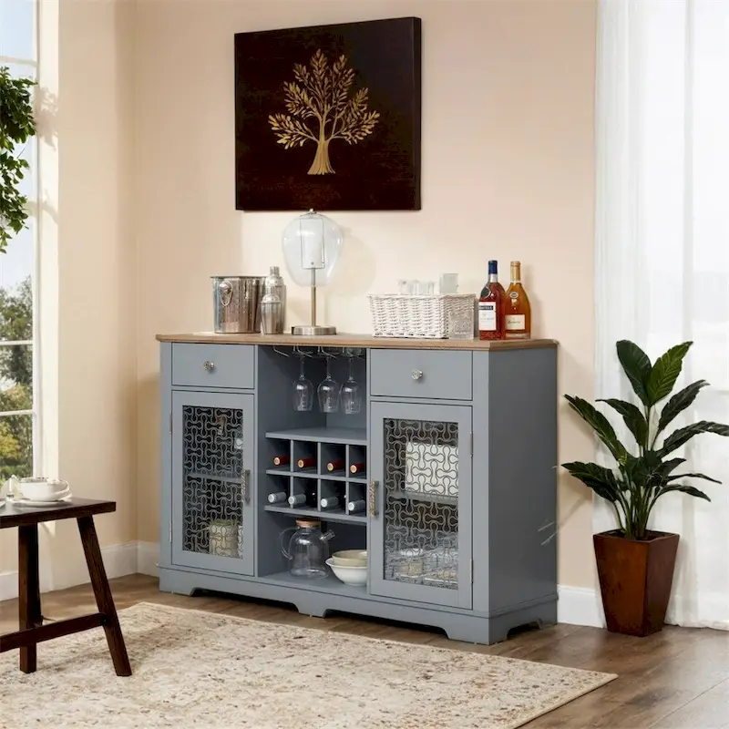 Light Blue Sideboard Buffet Cabinet, 2-Door with Drawers & Wine Racks, Single-Unit