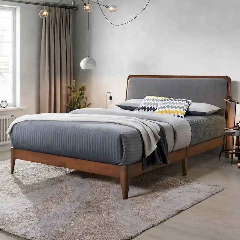 Brown Grey Upholstered Queen Platform Bed Frame