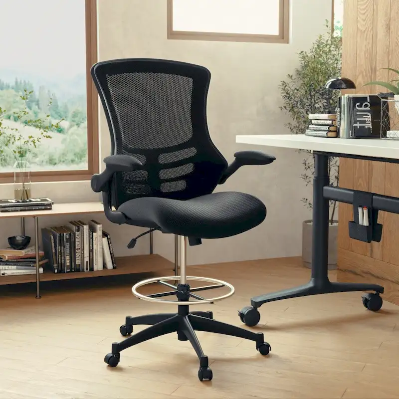 Black Mesh & Black Frame Mid-Back Drafting Chair with Flip-Up Arms, 1-Person