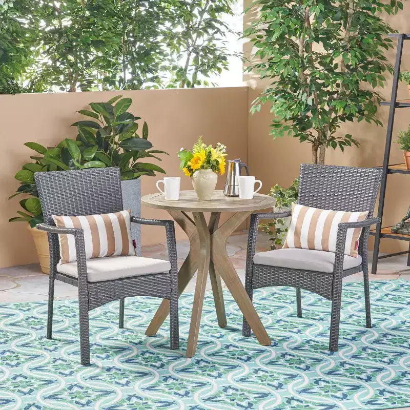 Kent 3pc Acacia Wood & Wicker Bistro Set - Gray - Christopher Knight Home: Outdoor Furniture with Iron Hardware