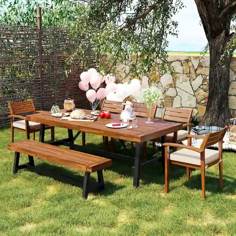 7 Piece Outdoor Patio Wooden Dining Set, All Weather Patio Furniture Set with Rectangular Table, 6 Chairs and 1 Bench