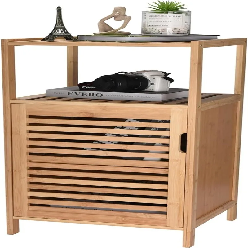 Bamboo Shoe Rack Cabinet Shelf Storage with Doors for Bathroom - 13.2 D x 14.4 W x 33.8 H