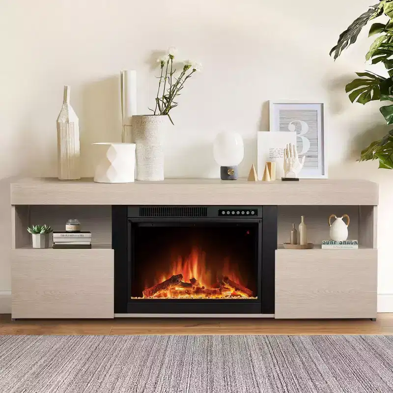 R.W.FLAME 59 Fireplace Tv Stand Mantel Wood Surround Firebox Freestanding, Infrared Quartz Heater Adjustable Led Flame, Remote Control