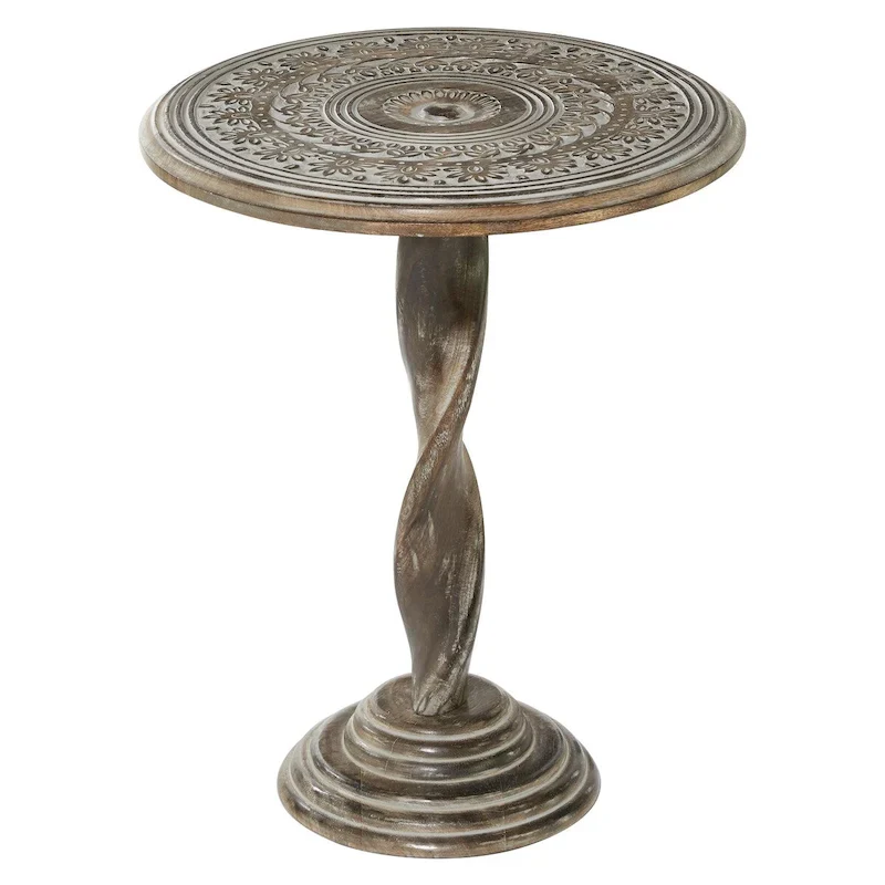 Mango Wood Floral Carved Side Accent Table with Spiral Leg - Brown