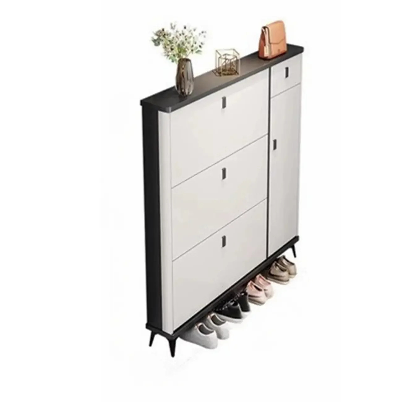 Narrow Black-White Solid Wood Drop Front Shoe Cabinet