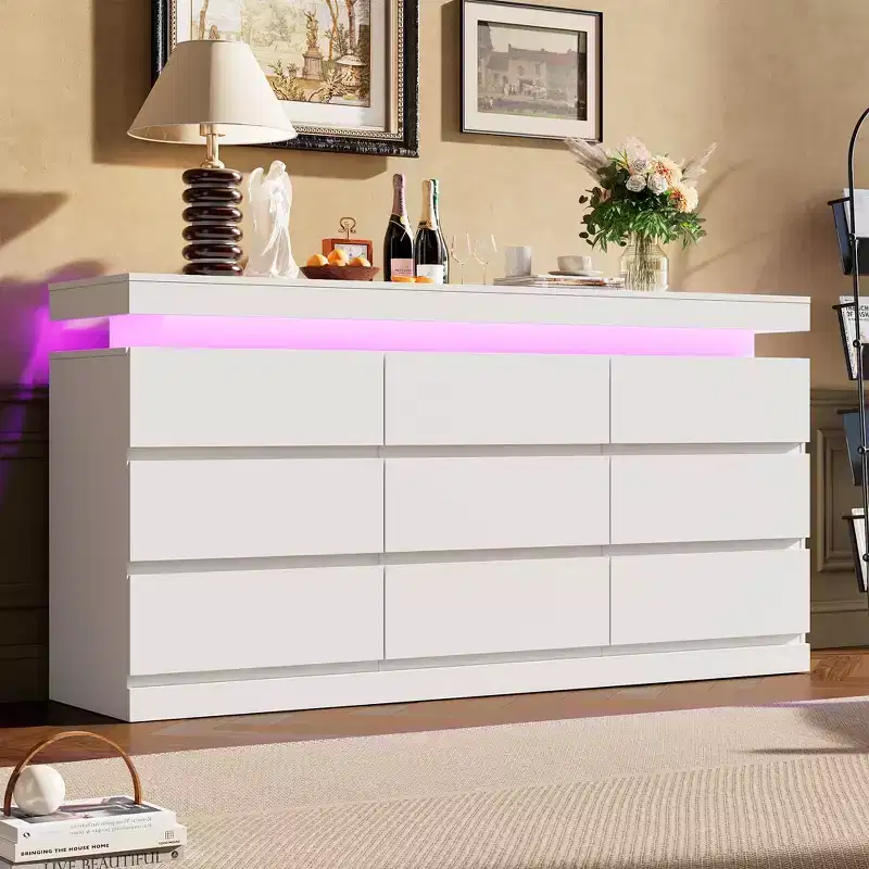 9 Drawer Dresser, Chest of Drawers with LED Light and Charging Station, TV Stand Multi-Function Home Organizer for Living Room, Entryway, Hallway