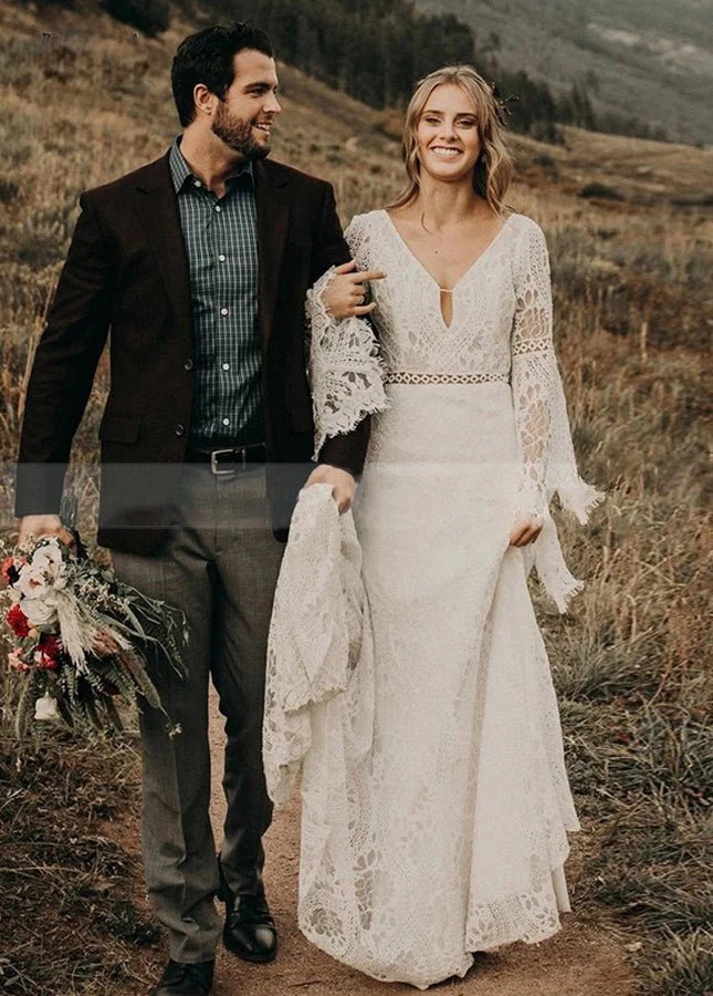 Classical Fairy Long sleeve Lace Mermaid Backless Chic Bridal Gowns