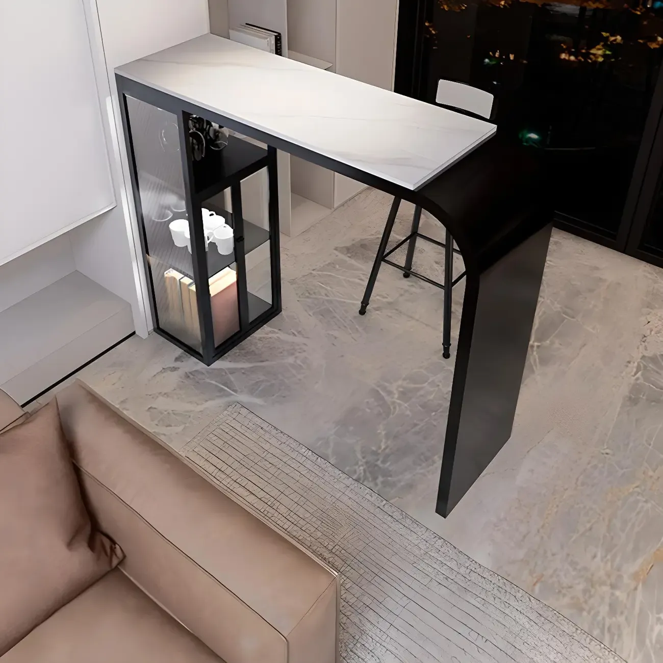 Modern White Stone Top Metal Bar Table with Storage