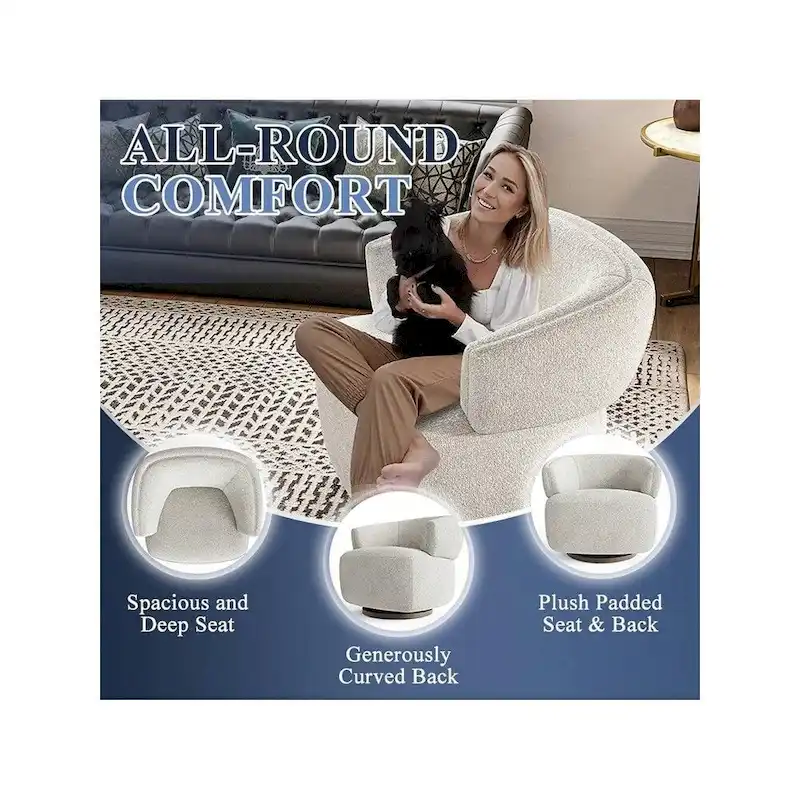 Beige / Grey Upholstered 360° Swivel Barrel Accent Chair – Single