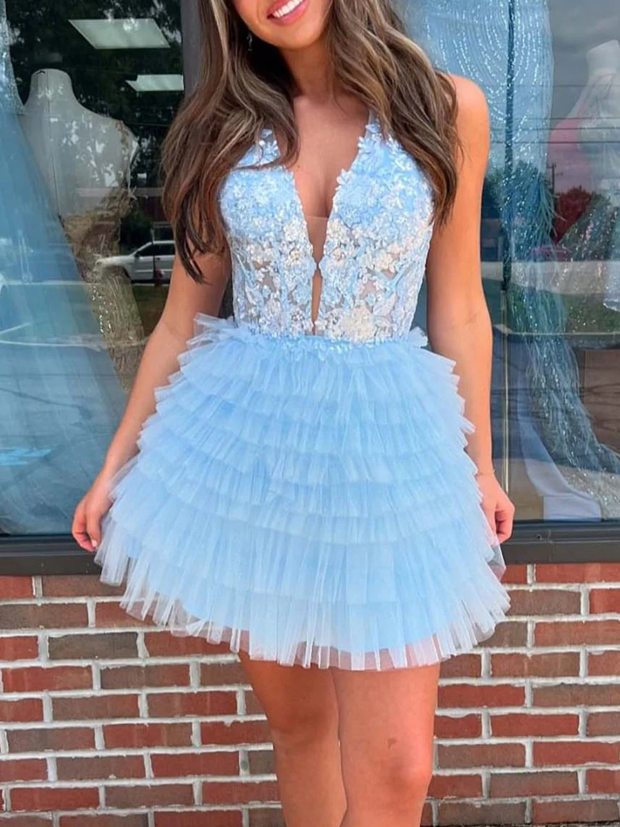 Sky Blue - A Line V Neck Tulle Tiered Homecoming Dresses With Appliques