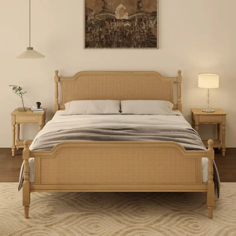 Walnut / White Rattan Platform Bed Frame, King / Queen, No Box Spring Needed