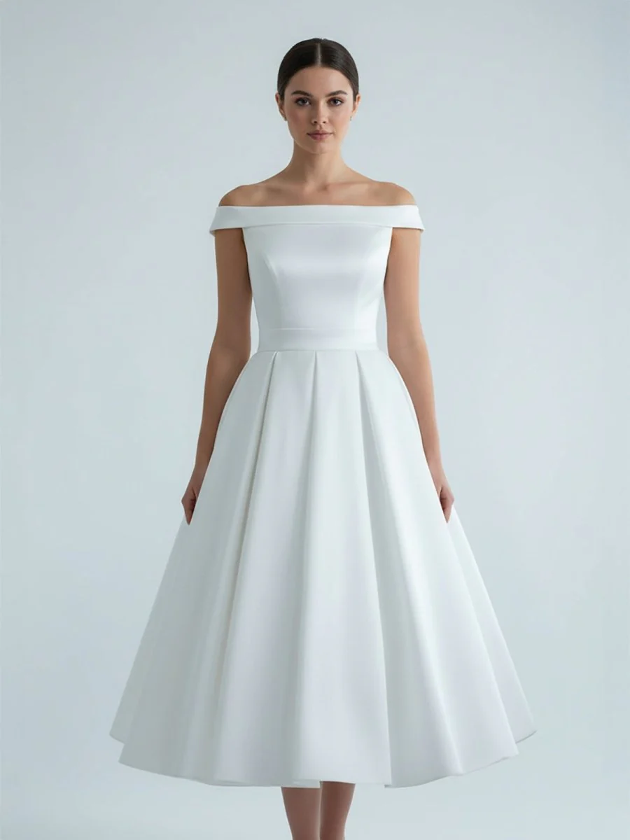 Sleeveless Tea-Length Satin Wedding Dress With Sash And Off-The-Shoulder Neck