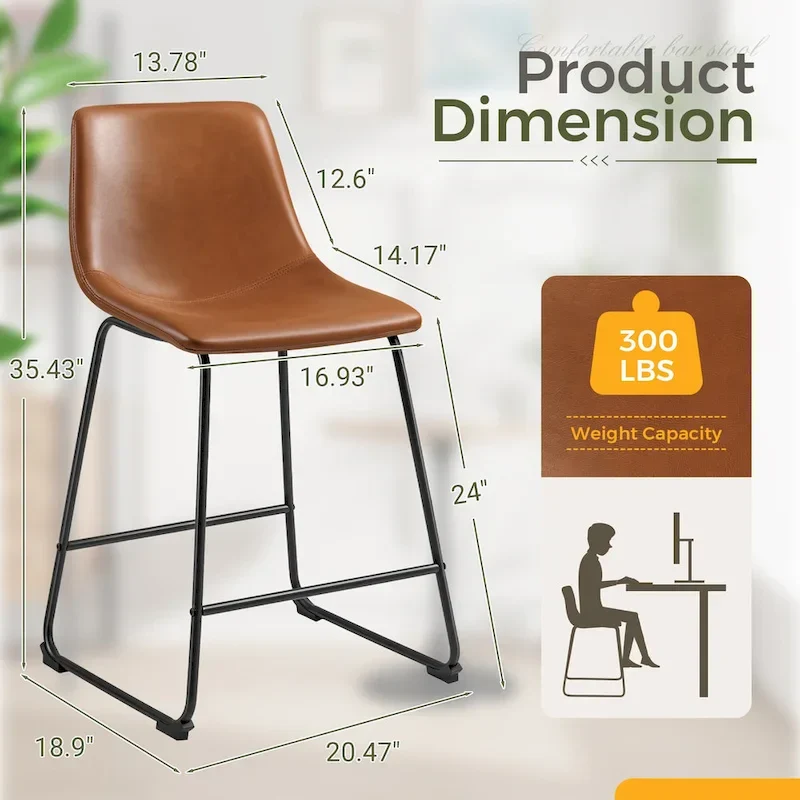 Homall Barstools PU Leather Counter Bar Stool With Back and Footrest Set of 2, Brown