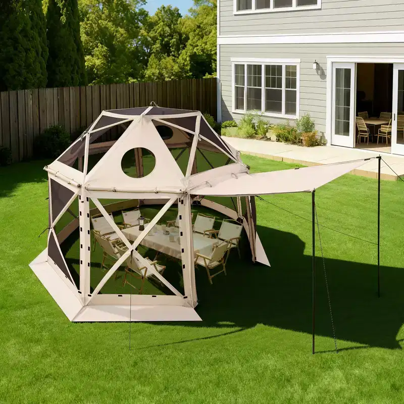 VEVOR Pop up Gazebo Screen Tent, 12 x 12 ft, 13-Sided Spherical Camping Canopy Tent with Removable Top & Carry Bag, Quick-Set for 8-10 Persons, Beige
