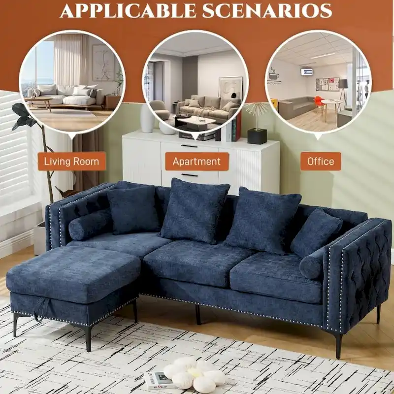 Modern Convertible Tufted Chenille L Shaped Sectional Sofa