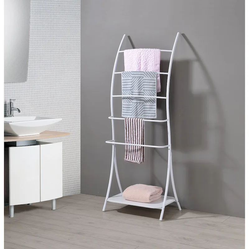 5-Tier Freestanding Metal Towel Rack with Storage Shelf – White
