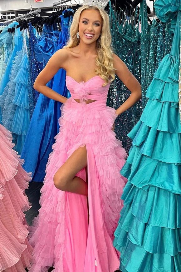 Ball Gown Sweetheart Pink Tiered Printed Tulle Prom Dress