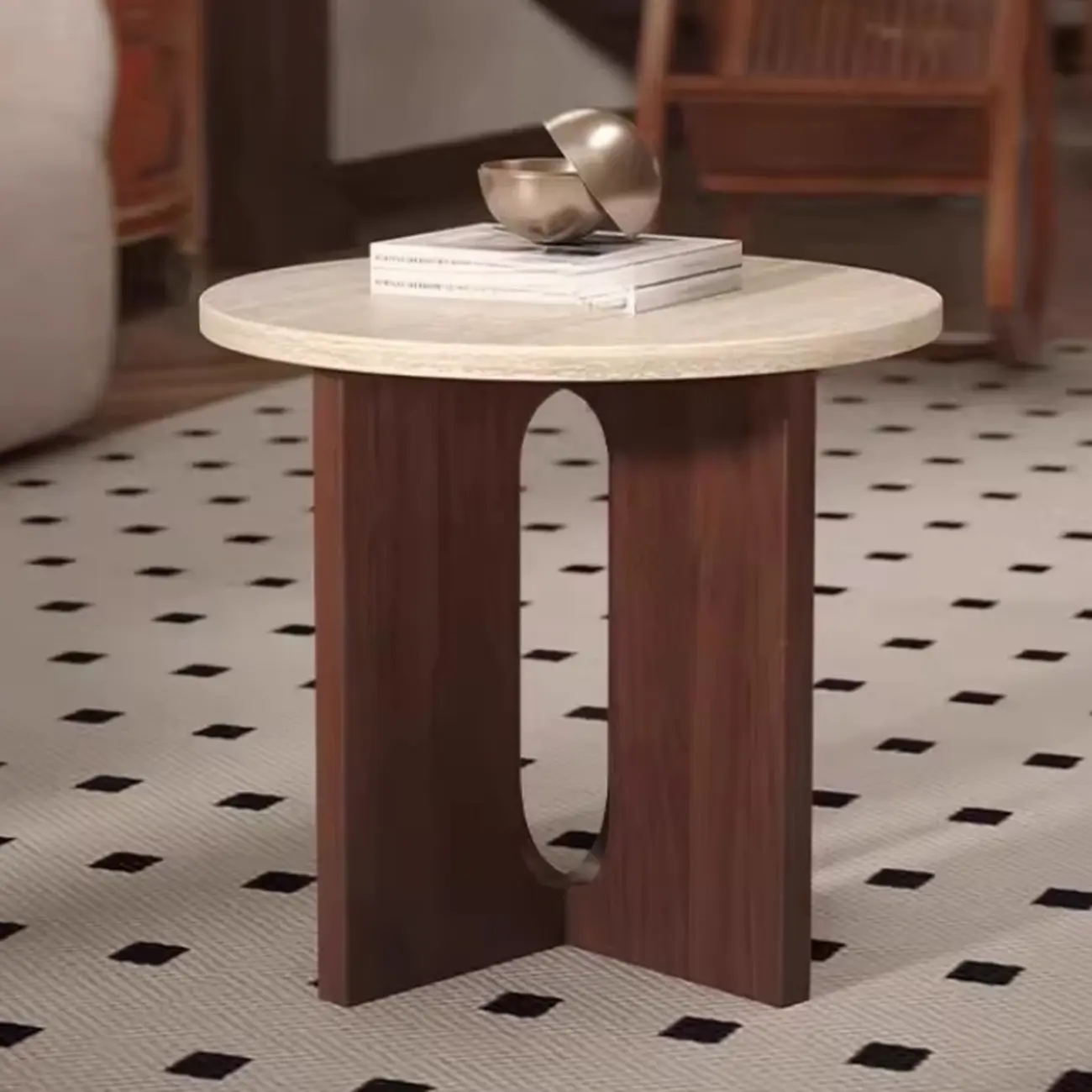 Modern Travertine TOP Round Accent Table with Wood Base