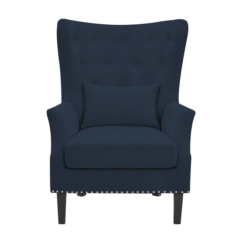 Classic Nailhead Trim Corduroy Wingback Armchair with a Lumbar Pillow and Rubberwood Legs