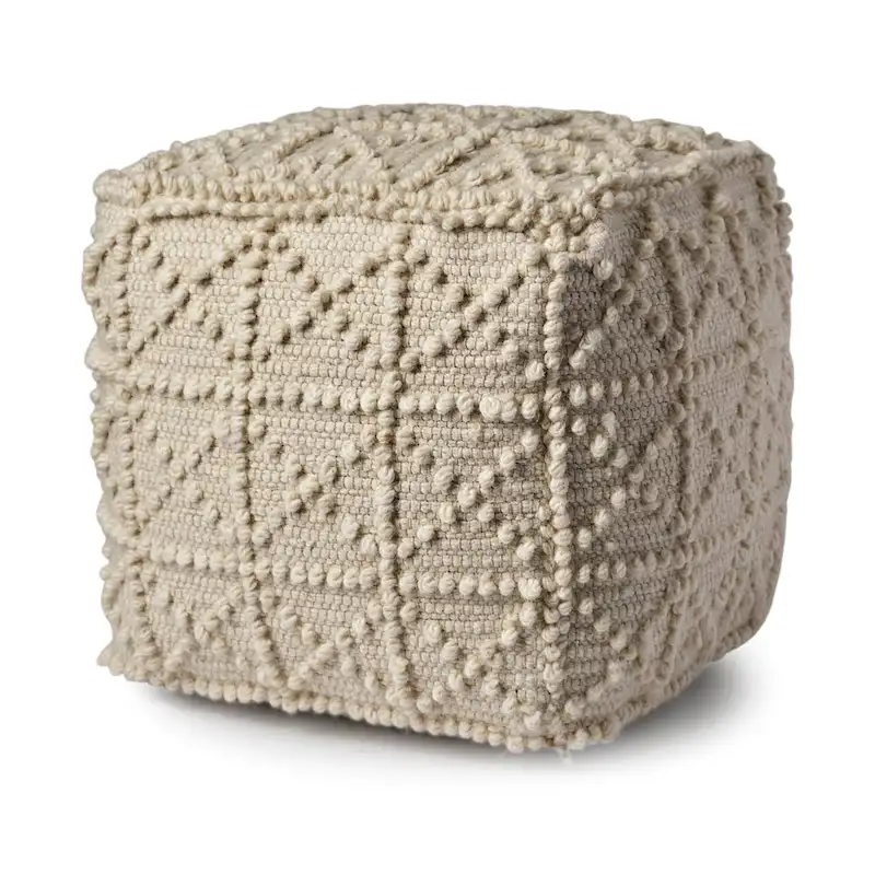 Square Cream Wool Pouf with Popcorn Stitch Detail