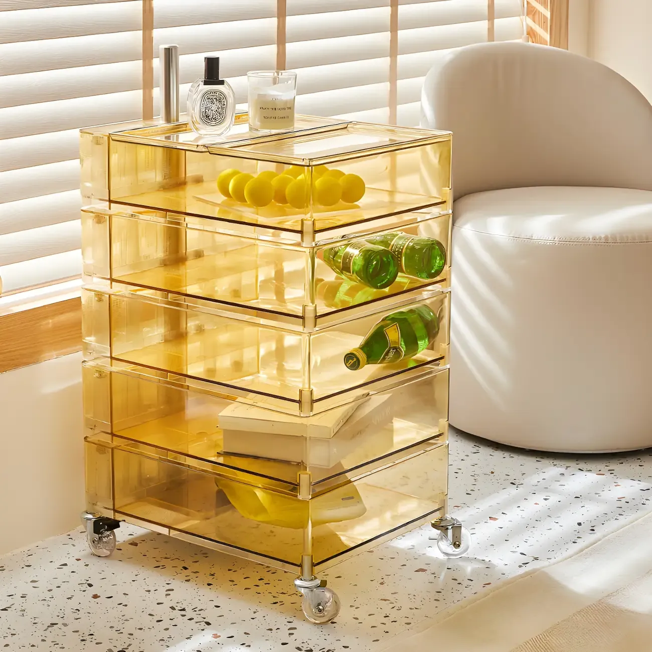 Vibrant Yellow Transparent Nightstand with Drawers and Wheels